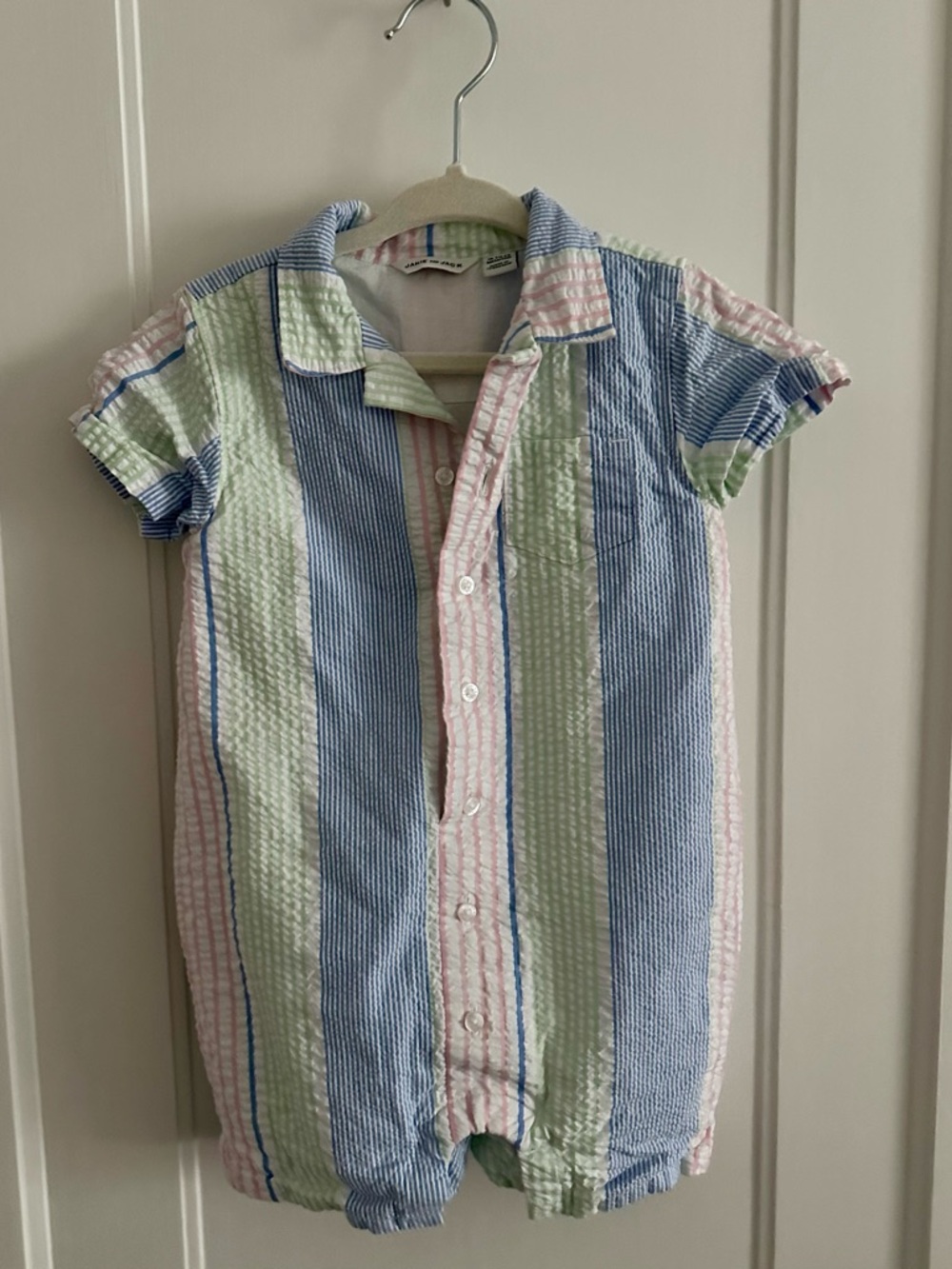 Janie and Jack Pastel Stripe Seersucker Romper - Blue, Pink & Green
